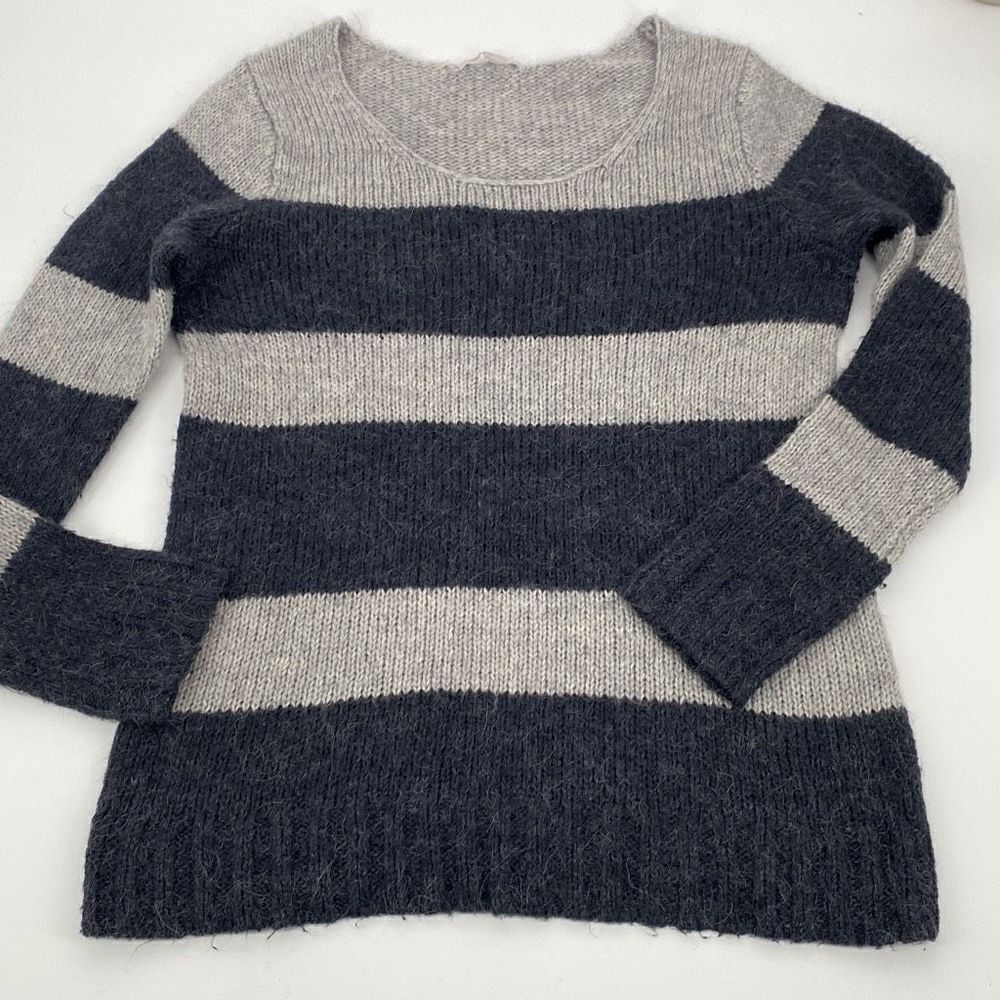 Gap Alpaca Wool Blend Stripe Round Neck Long Sweater Grey Medium